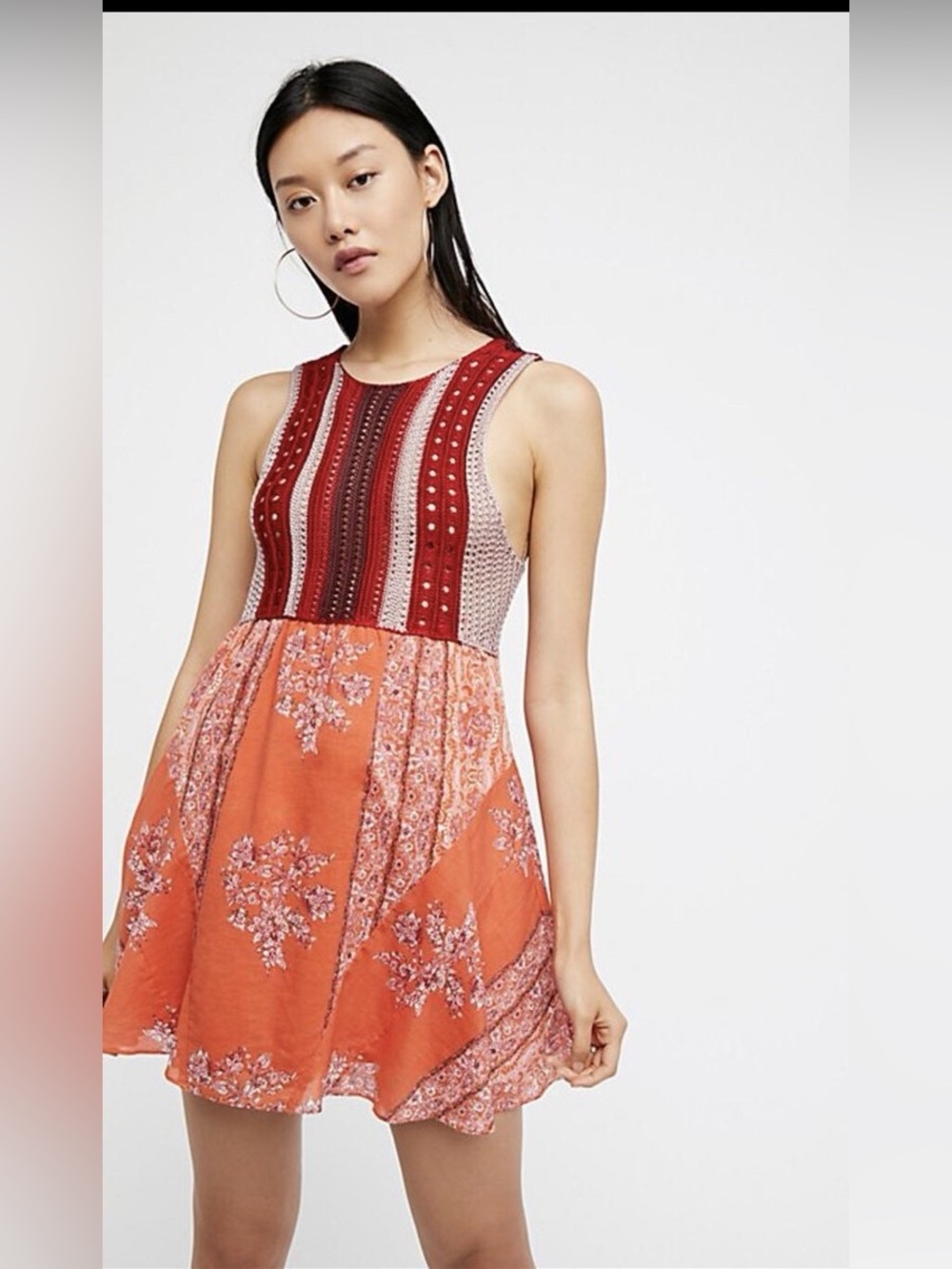 Free People Red and Orange Mixed-Print Mini Dress